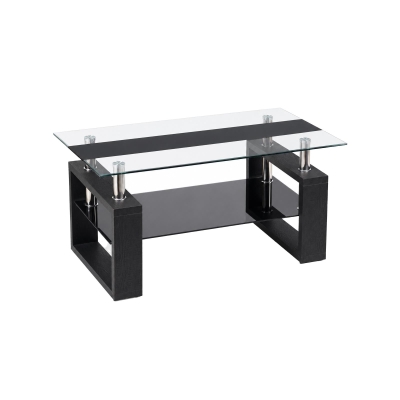 Modern Glass Coffee Table with Wood-Grain MDF Legs, Minimalist Center Table with 2-Tier Storage, 34.5'' L x 18.5'' W x 17.5'' H, Black