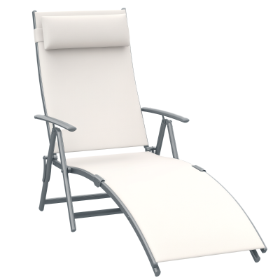 Outsunny Outdoor Folding Chaise Lounge Chair Steel Portable Recliner with 7 Adjustable Backrest Positions, Cream White