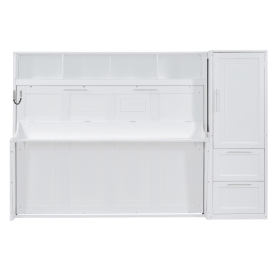 Queen Size Murphy Wall Bed with Storage Shelf, Space‑Saving Bed Frame with Integrated Closet and 2 Drawers, 112" L x 65" W x 78.5" H, White