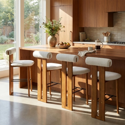 Modern Bar Stool Set of 4 with Padded Upholstered Seat, Indoor Bar Chairs with Ergonomic Cylindrical Backrest,19'' L x 23'' W x 43'' H, Ivory+Walnut