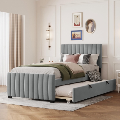 Space-Saving Twin Size Upholstered Platform Bed with Trundle Under Bed, Cozy Bed Frame with Velvet Fabric, 80" L x 41.5" W x 42.5" H, Gray