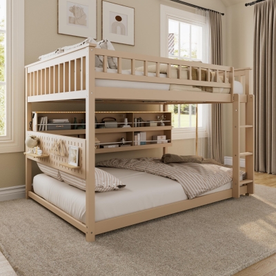 Full Over Full Bunk Bed with Convenient Storage Headboard, Unique Bed Frame with Multi-Color Light Strip, 79" L x 57.5" W x 57" H, Beige