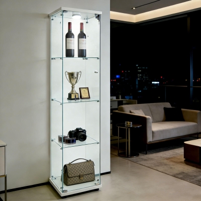 Floor-Standing Curio Bookcase with Tempered Glass Door, LED Glass Display Cabinet with Adjustable Feet, 16.5'' L x 14.5'' W x 64.5'' H, White