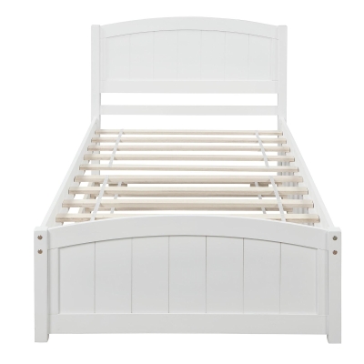 Space-Savimg Twin Size Wood Platform Bed with Roll-Out Trundle, Solid Bed Frame with 10 Supporting Slats, 79.5" L x 41.5" W x 37.5" H, White