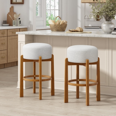 Round Bar Stool Set of 2 with Padded Upholstered Seat, Non-Swivel Bar Chairs with Ivory Upholstered Cushion, 19.5'' L x 19.5'' W x 30'' H, Ivory+Walnut