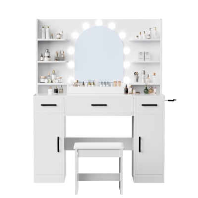 Large Makeup Vanity Desk with 6 Open Shelves and 3 Drawers, Functional Makeup Vanity with Dimmable LED Mirror, 44.5" L x 14" W x 55" H, White