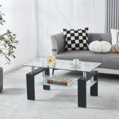 Modern 2-Tier Glass Coffee Table with Double-Layer Clear Top, Space-Saving Center Table with Sturdy Supporting Legs, 34.5'' L x 19'' W x 16.5'' H, Black