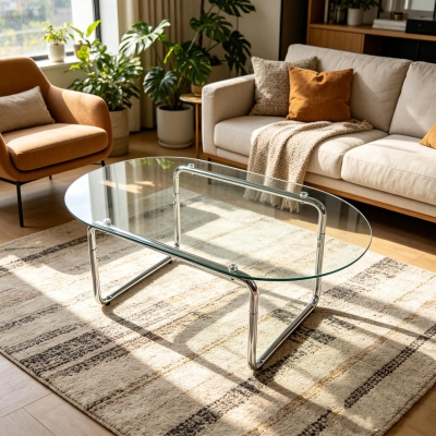 Curved Tempered Glass Coffee Table with Fingerprint-Resistant Top, Minimalist Center Table with Metal Legs, 35.5'' L x 23.5'' W x 15'' H, Transparent