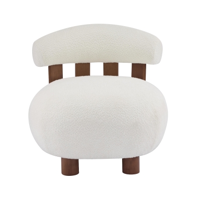 Modern Bouclé Fabric Accent Chair with Curved Backrest, Cozy Lounge Seating with Solid Birch Wood Frame, 29'' L x 31'' W x 29'' H, Off White+Walnut