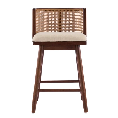 Woven Rattan Counter Chairs with Padded Upholstered Seat, Counter Height Bar Stools with Durable Frame, 19.5'' L x 21'' W x 35'' H, Beige+Walnut