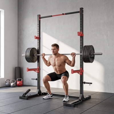 Soozier Power Cage Squat Rack, 1100 lb Capacity Power Rack with Pull-Up Bar, Adjustable Width, Adjustable J-Hooks, Safety Arms