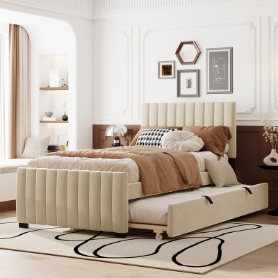 Space-Saving Twin Size Upholstered Platform Bed with Trundle Under Bed, Bed Frame with Velvet Fabric, 80" L x 41.5" W x 42.5" H, Beige