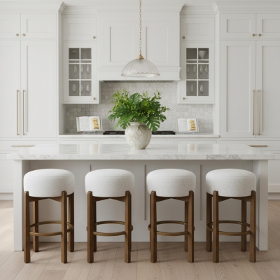 Indoor Round Seat Bar Stools with Solid Rubberwood Frame, Non-Swivel Bar Chairs with Padded Upholstered Seat, 19.5'' L x 19.5'' W x 30'' H, Ivory+Walnut