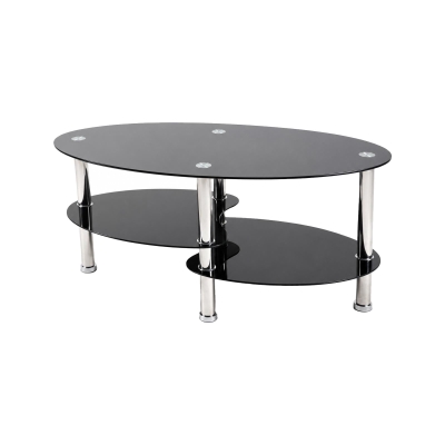 Oval Tempered Glass Coffee Table with Stainless Steel Legs, Modern Living Room Centre Table with Rounded Edges, 34.5'' L x 19'' W x 16'' H, Black