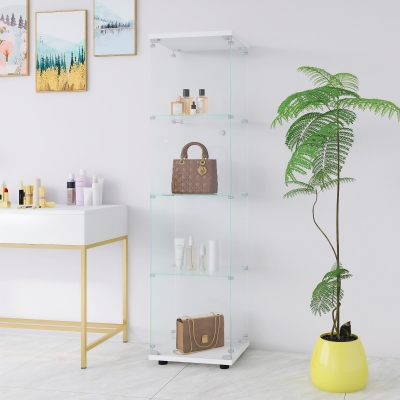 Glass Display Cabinet with Adjustable Feet and Safety Bumpers, Floor-Standing Curio Bookshelf with Tempered Glass, 16.5'' L x 14.5'' W x 64.5'' H, White