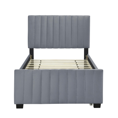 Space-Saving Twin Size Upholstered Platform Bed with Trundle Under Bed, Cozy Bed Frame with Velvet Fabric, 80" L x 41.5" W x 42.5" H, Gray
