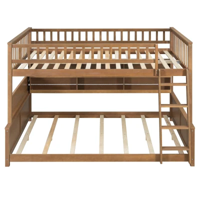 Full XL Over Queen Bunk Bed with Bulit-In Storage Shelf and Safety Rope, Useful Bed Frame with Pegboard Side Panel, 83.5" L x 62.5" W x 59" H, Brown