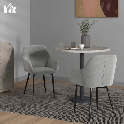 HOMCOM Dining Chairs Set of 2, Velvet-look Fabric Upholstered Kitchen Chairs with Backrest, Armrests and Steel Legs, Dark Grey