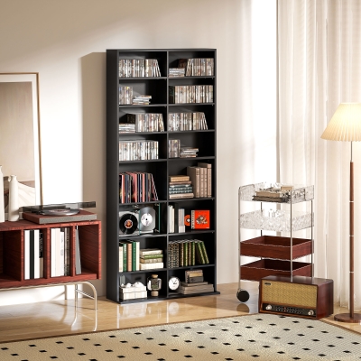 HOMCOM 9-Tier DVD Shelf with 18 Compartments and 14 Adjustable Shelves, Holds 640 CDs, 360 DVDs or 430 Blu-rays, Black