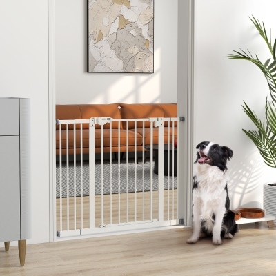 PawHut 30 Inch Tall Pet Gate with Door Dog Gate and Barrier Indoor for Stairs, Pressure-Mounted Safety Gate, White