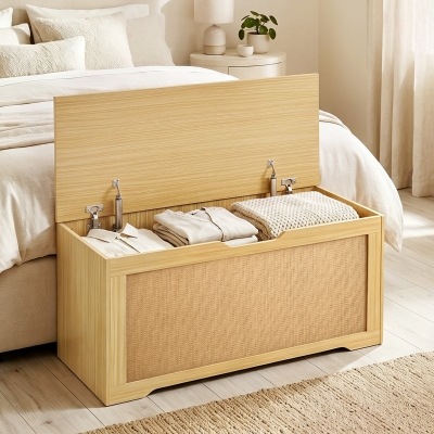 HOMCOM Storage Chest with Lift Top Storage Chest with Safety Hinges 39.4" Oak