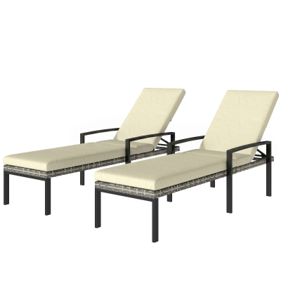 Outsunny Chaise Lounge Chairs Outdoor, Set of 2 Wicker Patio Lounge Chairs with 5-Level Adjustable Backrest, Cushion