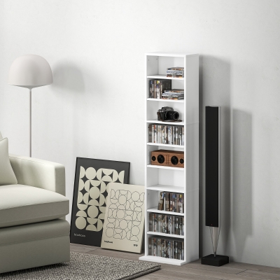 HOMCOM Media Storage Cabinet, 9-Tier Tall Narrow DVD Shelf with 6 Adjustable Shelves, White