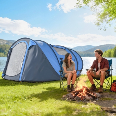 Outsunny 4 Person Camping Tent, Easy Pop Up Tent with Doors, Windows and Carry Bag, Automatic Setup Tent for Hiking, Blue
