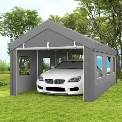 Outsunny 10' x 20' Carport, Heavy Duty Portable Garage with 6 Mesh Windows and 2 Doors, Light Grey