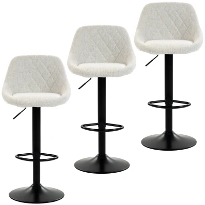 HOMCOM Bar Stools Set of 3, Swivel Counter Height Bar Stools with Back, Adjustable Linen-Look Bar Chairs, Off-White