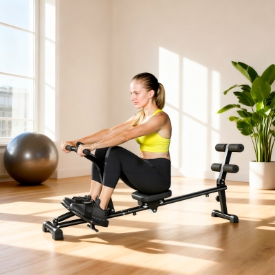Soozier Hydraulic Rowing Machine with LCD Monitor, Sit-Up Function for Home Gym, Black