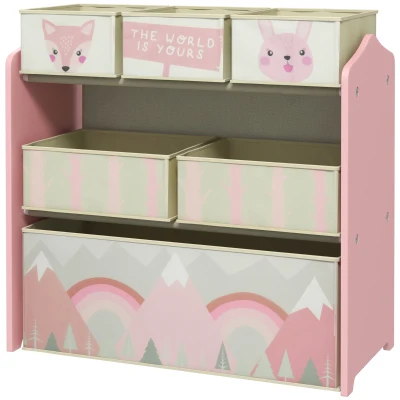 Qaba Toy Organizer with 6 Storage Bins, 25" x 12" x 26", Pink Print