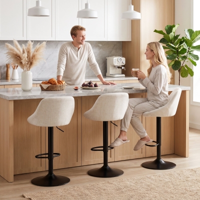 HOMCOM Bar Stools Set of 3, Swivel Counter Height Bar Stools with Back, Adjustable Linen-Look Bar Chairs, Off-White