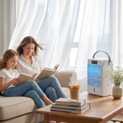 HOMCOM Desk Fan with RGB Light, Misting Cooler & Humidifier, White
