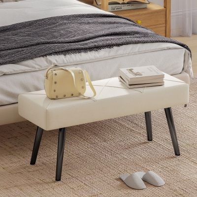 HOMCOM 39 Inches Upholstered Bedroom Bench, Modern End of Bed Bench with Steel Legs, Cream White