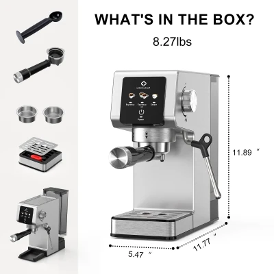 Compact 20-Bar Espresso Machine with Milk Frother, 11.5" L x 5.5" W x 12" H, Black+Silver