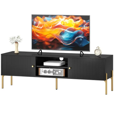 HOMCOM TV Stand for TVs up to 65", Entertainment Center with 2 Open Shelves, 2 Cabinets and Steel Legs for Living Room, Black