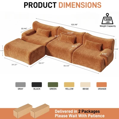 L-Shaped Compressed Sofa with High-Density Chenille Fabric and Supportive Backrests, 126"L x 68.5"W x 32"H, Orange