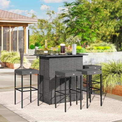 Outsunny 5-Piece Rattan Bar Set, Bar-Height Table & Stools, Gray