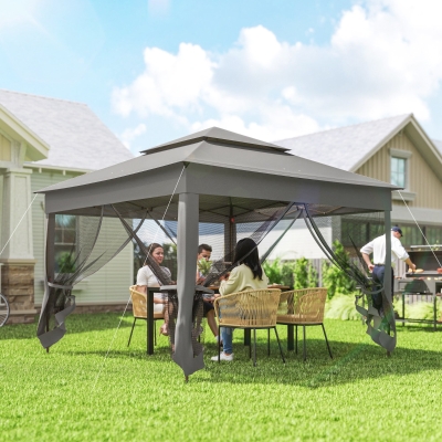 Outsunny 11' x 11' Pop Up Gazebo 2-Tier Soft Top Shelter Event Tent w/ Netting Carry Bag for Patio Backyard Garden, Dark Grey