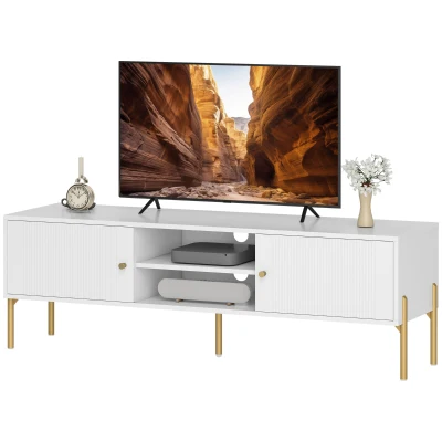 HOMCOM TV Stand for TVs up to 65", Entertainment Center with 2 Open Shelves, 2 Cabinets and Steel Legs for Living Room, White