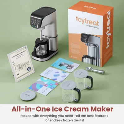 Automatic 11-in-1 Ice Cream Maker Machine with 3 Family Pints, 12" L x 7.5" W x 17.5" H, Silver