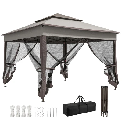 Outsunny 11' x 11' Pop Up Gazebo 2-Tier Soft Top Shelter Event Tent w/ Netting Carry Bag for Patio Backyard Garden, Mixed Grey