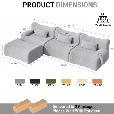 L-Shaped Compressed Sofa with High-Density Chenille Fabric and Supportive Backrests, 126"L x 68.5"W x 32"H, Gray