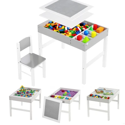 Qaba Table with Storage for Kids, Multi-Usage Kids Table and Chair Set with Building Blocks Desktop, Grey