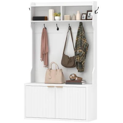 HOMCOM 4-In-1 Hall Tree with Shoe Bench, Modern Coat Rack with Open Shelf for Hallway, Entryway, Bedroom, Living Room, White