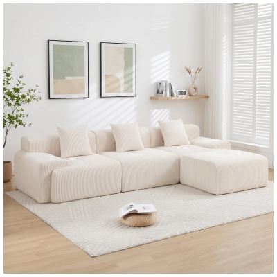 Modern Modular Compressed Sofa with Movable Ottoman, 118"L x 39.5"W x 29.5"H, Beige