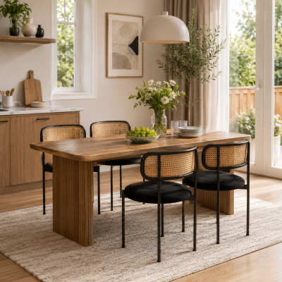 Set of 4 Velvet Dining Chairs with PE Rattan Backrest, Modern Leisure Chairs with Sturdy Metal Legs, 19.5'' L x 20'' W x 29.5'' H, Black+Natural