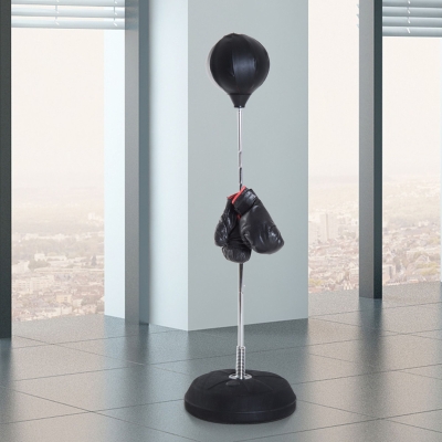 Soozier Boxing Bag with Stand, Freestanding Punching Bag with 49.6"-56.7" Adjustable Height, Fillable Base, Pump, Gloves, Black