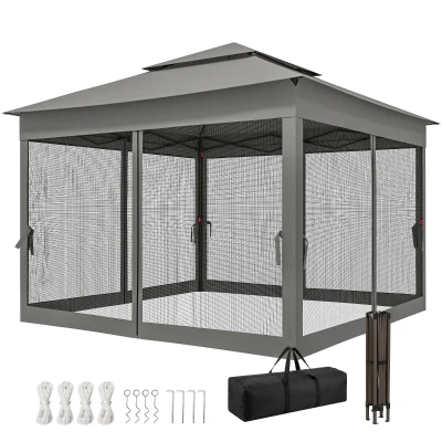 Outsunny 11' x 11' Pop Up Gazebo 2-Tier Soft Top Shelter Event Tent w/ Netting Carry Bag for Patio Backyard Garden, Dark Grey